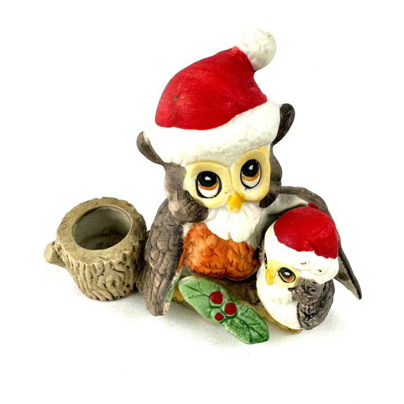 Vintage Christmas Owls Candle Holder Parent And Baby Hand Painted - Picture 2 of 9